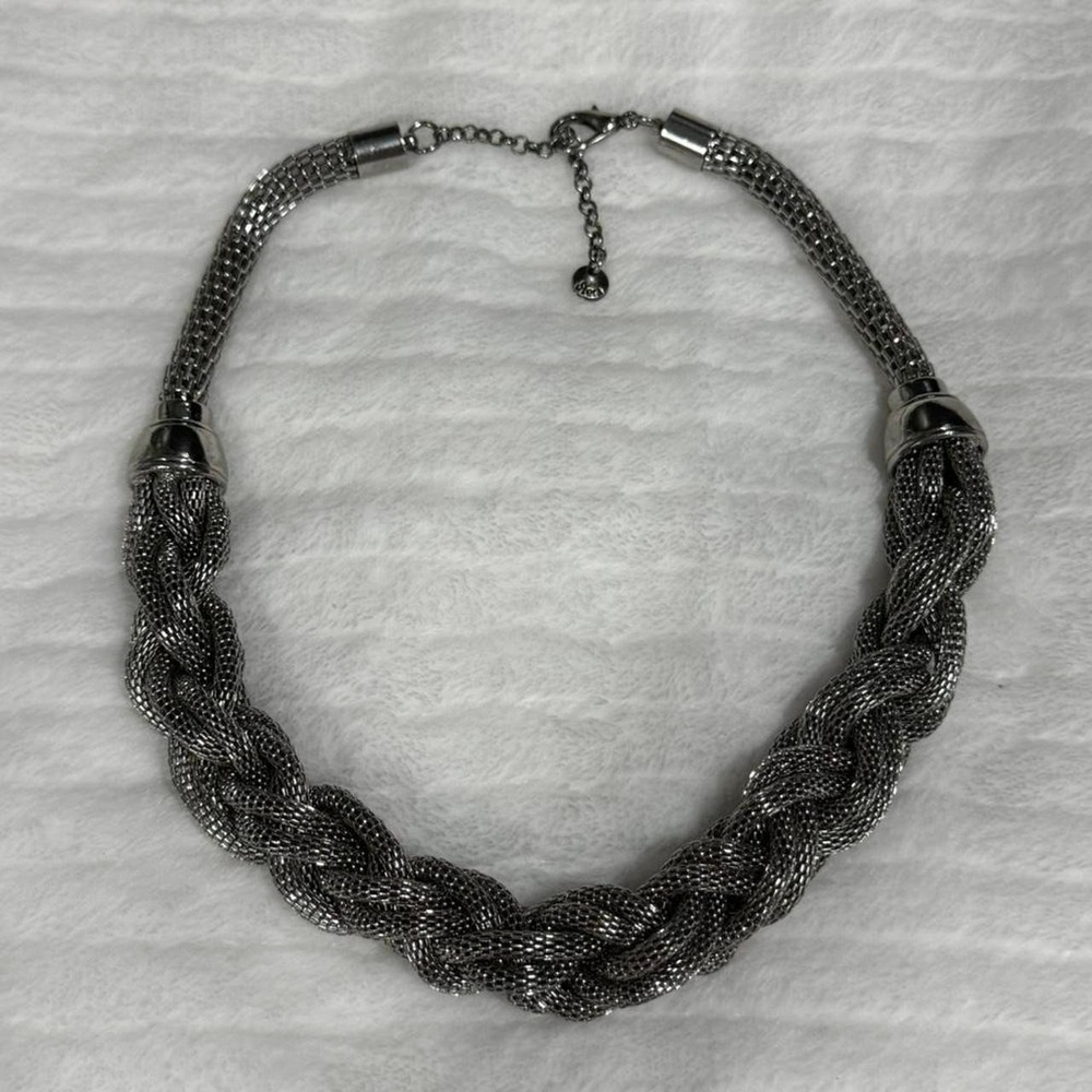 Grey Braided Mesh Statement Necklace Chunky Silver Tone Woven
